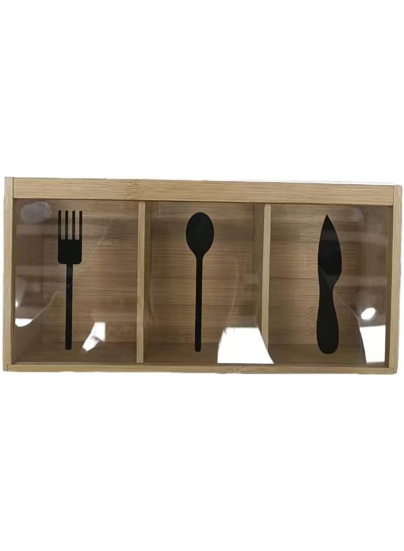 Orchid Wooden Cutlery Holder Organizer, Spoon Fork & Knife Storage Box with Transparent Panels, Bamboo Kitchen Utensil Stand for Dining Table & Countertop, Kitchen Cutlery Stand - Image 1